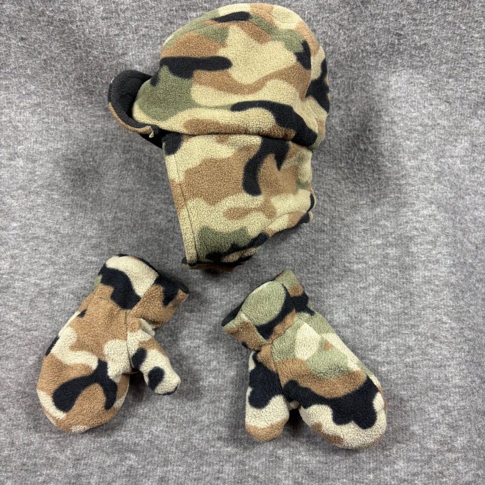 Kids Camo Fleece Trapper Hat w Mittens Set 2T-4T Winter Warm Playcore Practical - Picture 4 of 14